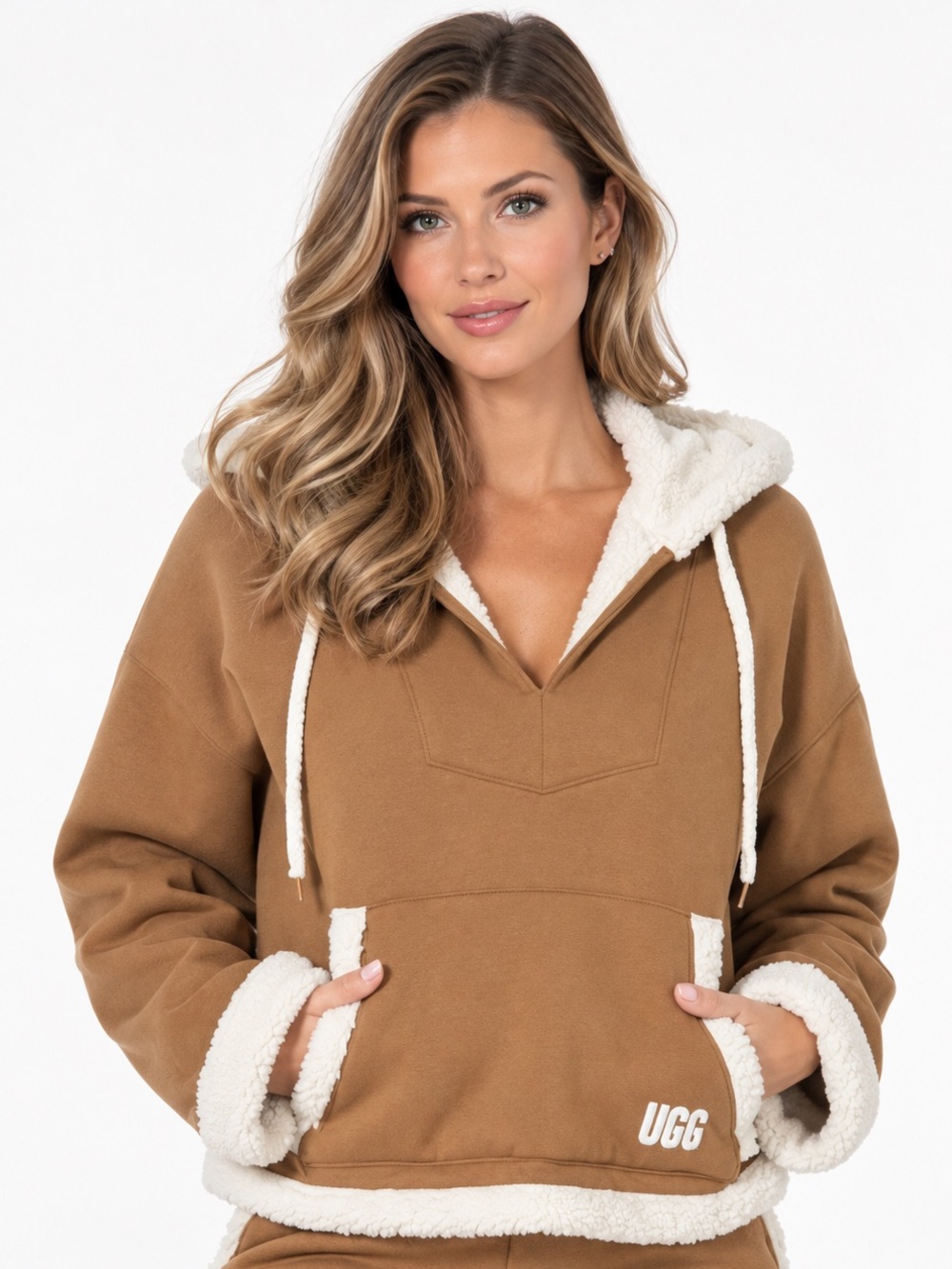 UGG Women's Tan Hoodie with Cream Sherpa Trim